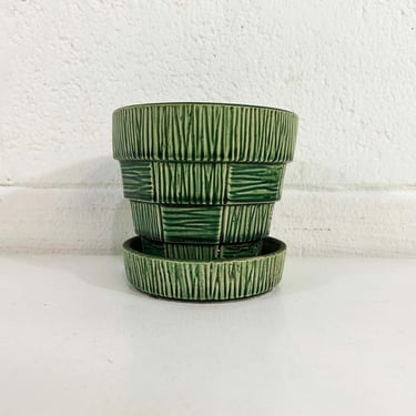 Vintage McCoy Basketweave Forest Green Planter Minimal Brush Attached Saucer Mid-Century Pottery Pot Mid Century Modern USA 1950s 50s MCM 