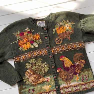 cottagecore sweater 90s vintage green chicken farm hand knit embroidered cardigan 