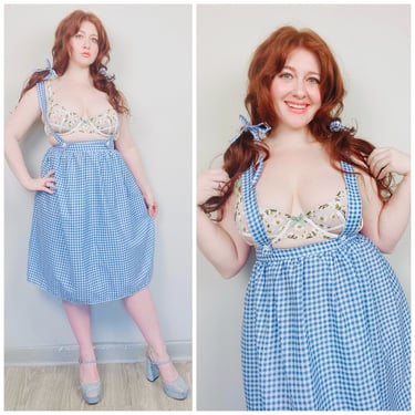 1990s Vintage Blue and Gingham Cotton Pinafore Dress / 90s Overalls and Hair Ribbon Skirt Dress / Size Medium 