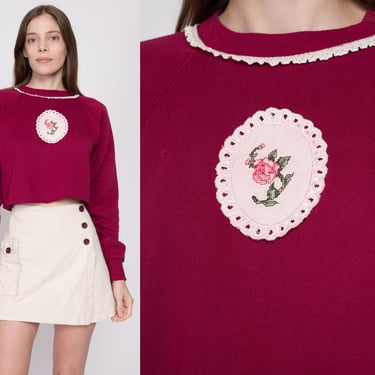 Medium 80s Floral Cross Stitch Cropped Sweatshirt | Vintage Maroon Lace Collar Pullover Crop Top 