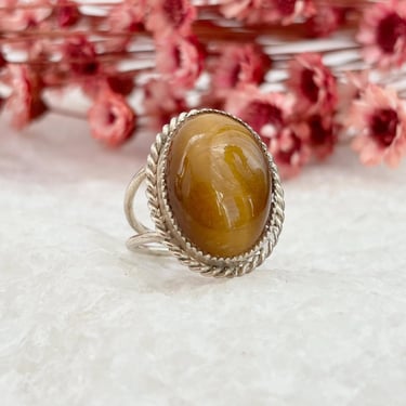 Honey Gold Natural Stone Rope Design Split Shank Sterling Silver Unisex Cabochon Retro Boho Ring - sz 5.25 