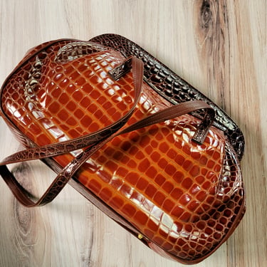 Croc Embossed Leather Shoulder Bag, Retta Wolff Italian Designer Purse 