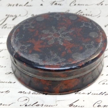 Antique 1800's Victorian Black Lacquered Paper Mache Snuff Box, Hand Painted Design, Vintage Art 