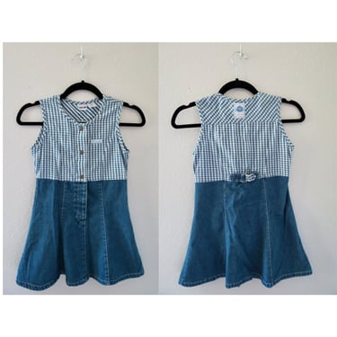 Vintage Girls Denim Dress 90s Sleeveless Gingham Jean Mini by Cherokee Size Medium 7 / 8 