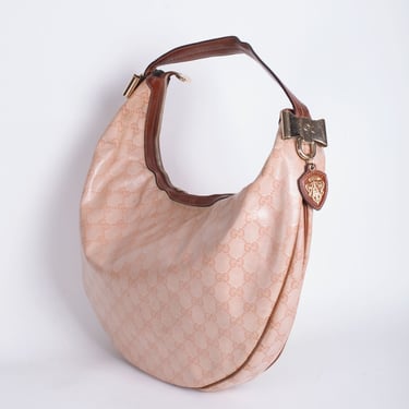 Vintage Gucci Y2K Duchessa Hobo Bag in Waxed Web Canvas + Leather GG Tom Ford Gold Hardware Pink Brown Nude 