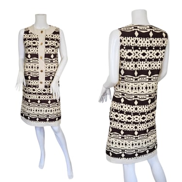 1960s Brown Cream Tiki Print Cotton Shift Dress I Sz Med 