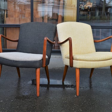 Pair Sculptural Teak Compact Arm Chairs/Lounge Chairs in Charcoal & Yellow