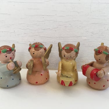 Vintage Wood Angel Band, Made In Italy, Christmas Decor, Miniature Wooden Angels Set Of 4, Angel Orchestra 