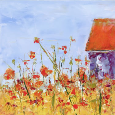 Expressive Oil Painting of Field of Poppies with House - Expressive Florals - Landscape Oil Painting Square - Daily Painter - Colorful 