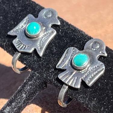 Vintage Fred Harvey Era Small Sterling and Turquoise Thunderbird Screw Back Earrings 