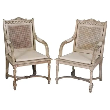 Pair of Cane Back Antique White Paint Decorated Louis XVI Style Armchairs Dini