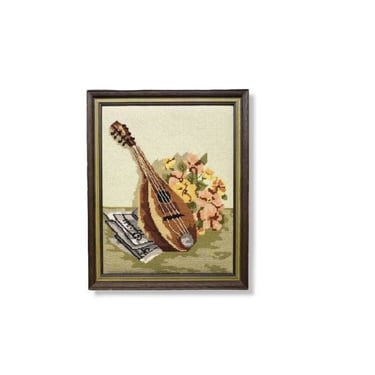 1970s Vintage Mandolin Needlepoint, Handmade Still Life Art, Framed Musical Instrument Needlework, Cottagecore Grandmacore Wall Hanging 