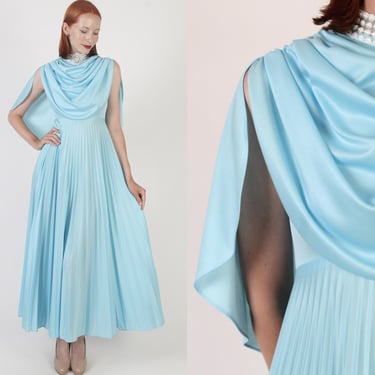 Long Blue Grecian Goddess Dress, Vintage 70s Victorian Capelet, High Crochet Collar 