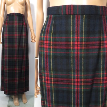 Vintage 60s/70s High Waist Wool Holiday Plaid Maxi Skirt Size XXS 24 Waist 