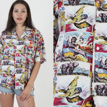 All Over Print Tarzan Button Up Shirt, Vintage Comic Strip Clothing, Cartoon Print Rayon Souvenir Shirt 