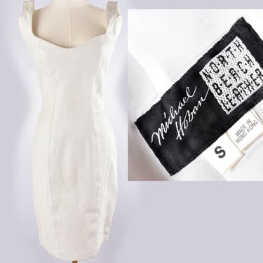 80s NORTH BEACH LEATHER White Wiggle Dress 1980's Vintage Real Leather Tight Bodycon Dress Size small Hair Band Rock & Roll Michael Hoban 