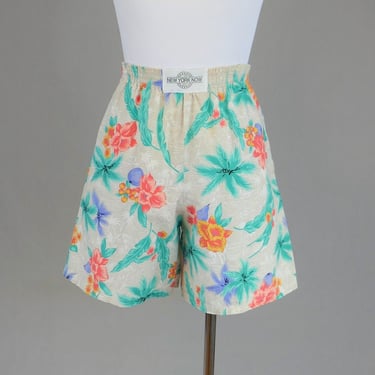 80s Tropical Print Shorts - Sz Small to Medium - Elastic Waist - High Rise - New York Now made in Japan - Vintage 1980s 