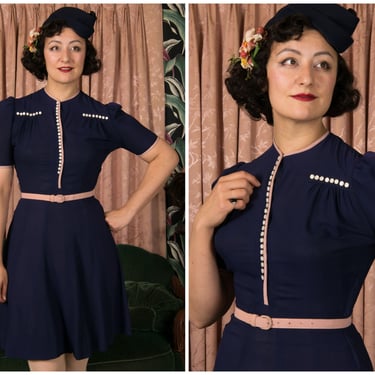1940s Dress - Charming Vintage Late 30s/Early 40s Navy Day Dress with Pink Trim 