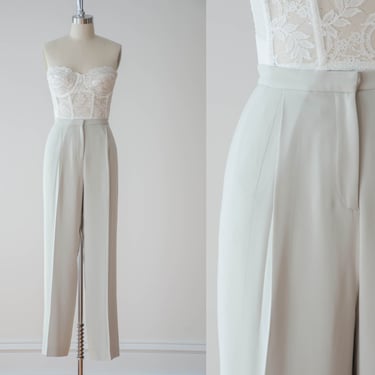 high waisted pants | 80s 90s vintage pastel mint green greige cottagecore academia pleated straight leg trousers 