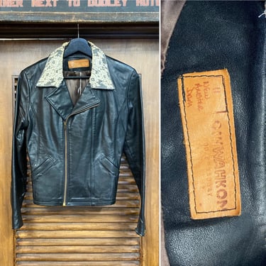 Vintage 1960’s Black Color “Oshwahkon” Brand Lace Custom Collar Mod Rocker Leather Jacket, 60’s Rocker, Vintage Clothing 