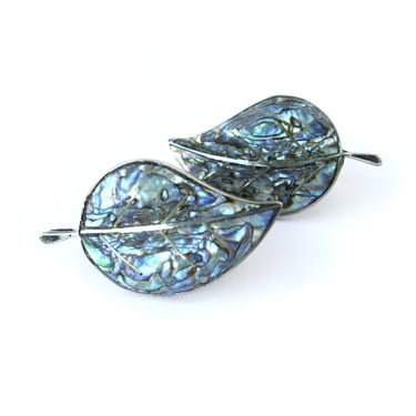 Vintage Taxco Mexico Sterling Silver Leaf Earrings with Mother of Pearl Inlay, Abalone Inlay Earrings, Boho Chic Style Jewelry, Gift for Her 