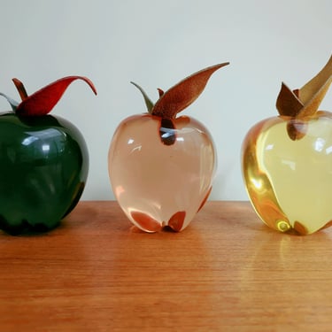 Vintage Large Lucite Acrylic Resin Apples | Leather Leaves and Stem | Unsigned 