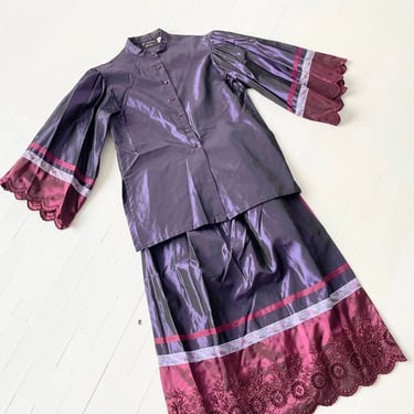 1980s Gil Aimbez Purple Satin Two Piece Set with Floral and Eyelet Trim 