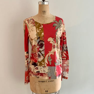 Kenzo Paris patchwork print ls cotton knit top with silk chiffon lower sleeve-size M 