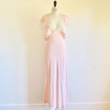 1940's Peachy Pink Bias Cut Rayon Long Nightgown Ecru Lace Satin Bows 40's Loungewear Lingerie Slip Dress WW2 Era Rockabilly 38 Bust Large 