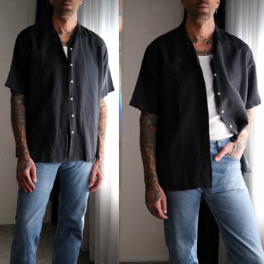 Vintage 90s POLO Ralph Lauren Black Caldwell Silk & Linen Loop Collar Shirt | Size Large | 1990s Does 1950s POLO RL Camp Collar Mens Shirt 