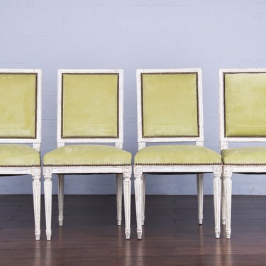 French Parisian Louis XVI Directoire Style Square Back Painted Dining Chairs W/ Lime Green Velvet - Set of 4 - Stamped 