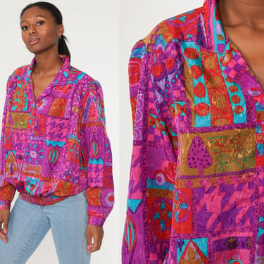 90s Floral Blouse Neon Color Block Purple Shirt Button Up Patchwork Long Sleeve Top Streetwear 1990s Vintage Large 
