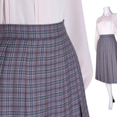 Vintage Pleated Plaid Skirt, Small / Lavender Purple Wool School Girl Skirt / Topstitch Pleating Tartan Plaid Turnabout Skirt 