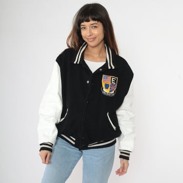 Vintage Erie Varsity Jacket 90s Black White Wool Leather Sleeve Erie Rugby Club Crest DeLong USA 1990s Letterman Snap Up Front Men's 46 XL 