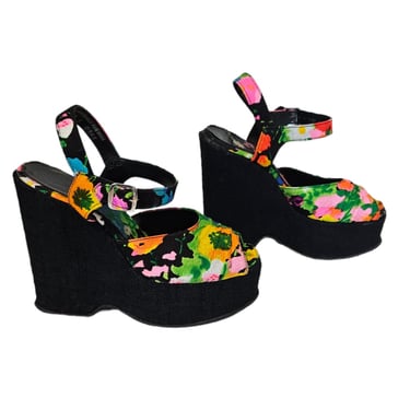 1970's Colorful Hawaiian Floral Print Fabric Black Wedge Platform Sandals I Sz 8 I Shoes I Tiki I Tropical 