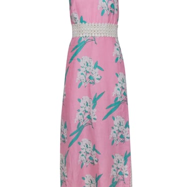 Calypso - Pink & Green Floral Maxi Dress w/ Eyelet Neckline Sz S