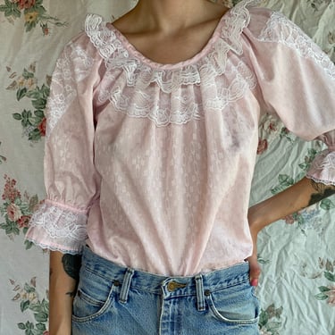 70s Blouse / Pink Lacey Western Blouse /  Rockmount Ranch Wear Cowgirl Top / Puffy Sleeve Square Dancing Top / Ranchwear 
