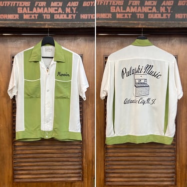 Vintage 1950’s Two-Tone Jukebox Music Rayon Bowling Rockabilly Shirt, Flocked Print, 50’s Vintage Clothing 