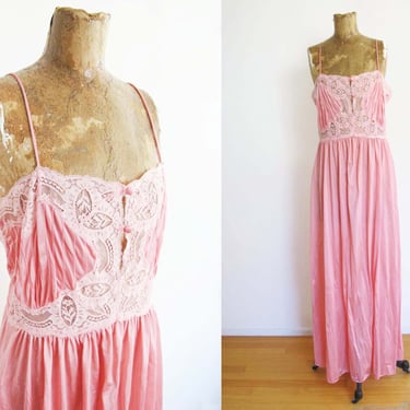 Vintage 70s Lily of France Pink Lacey Lingerie Slip Dress M - 1970s Rose Spaghetti Strap Satin Negligee 