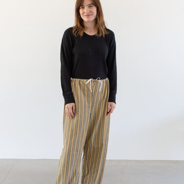 Vintage 27-38 Waist Stripe Flannel Drawstring Easy Pant | Yellow Brown High Waist Holiday Cotton Pajama Pants | FL069 