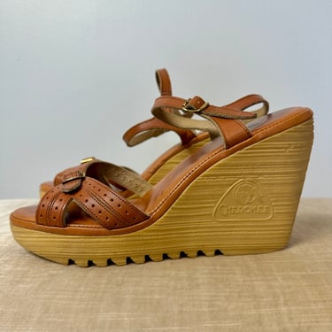 Vintage Cherokee platform heel sandals~ mahogany brown ankle straps chunky 1980’s retro funky open toe shoes~ size 71/2-8 
