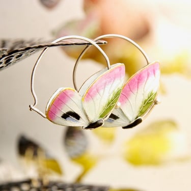 Vintage Guilloche Enamel Silver Butterfly Hoop Earrings, Cute Butterfly Hoops, Art Deco Style, Elegant Silver Earrings, 1 1/8&amp;quot; L 