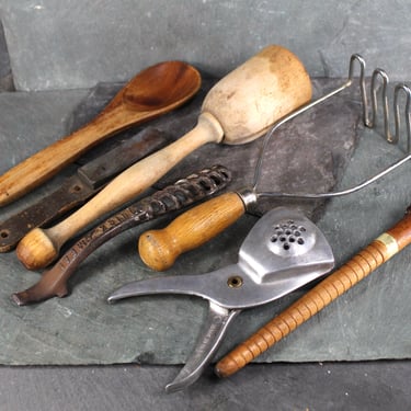 Set of 7 Antique Kitchen Tools | Wooden Masher, Garlic Press, Bottle Opener, File, Wooden Spoon, Metal Masher, Spindle | Vintage Kitchen 