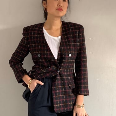 90s double breasted wool blazer / vintage black windowpane plaid houndstooth V neck double breast tweed petite blazer | Small 