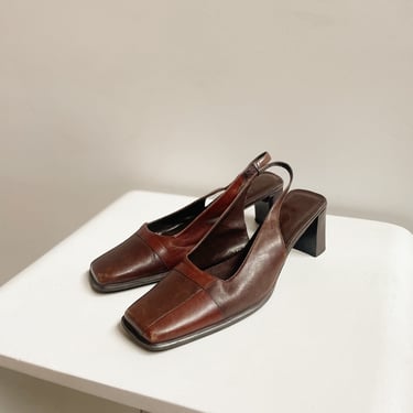 Walnut Two Tone Leather Mules | Size 7