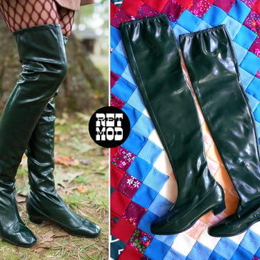 US 6 - SPACE AGE Vintage 60s 70s Dark Green Vinyl Wet Look Over-the-Knee Thigh Boots 