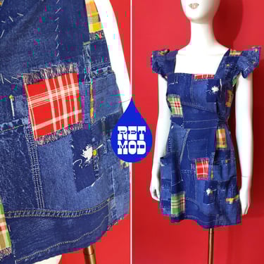 So Fun Vintage 70s Patchwork Jean Fabric Patterned Cotton Smock Dress 