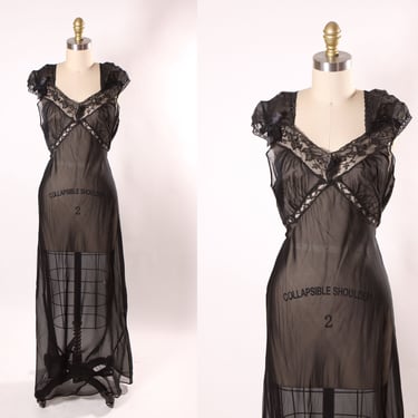 1930s Sheer Black Bias Cut Short Sleeve Ankle Length Lace Trim Ribbon Tie Art Deco Lingerie Night Gown -XL 