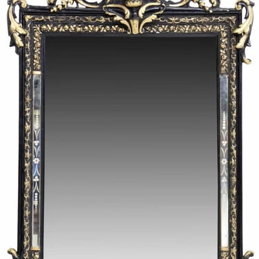 19th Century French Napoleon III Period Louis XV Rocaille Style Signed JB Paris Black Lacquered Parcel Gilt Carved Wood Wall Mirror 