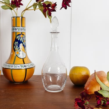 vintage etched french glass decanter with original stopper